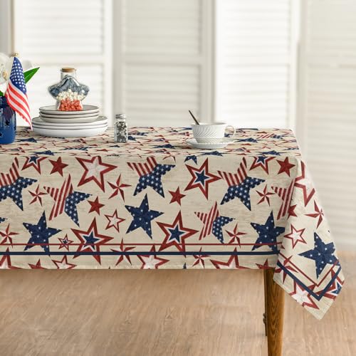 Horaldaily 4th of July Rectangular Tablecloth 60??104 Inch, Patriotic Memorial Day Blue Red Star Independence Day Washable Table Cover for Party Picnic Dinner Decor