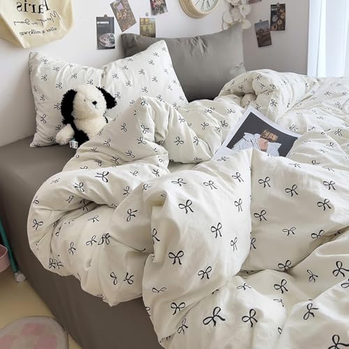 Bildenly White Twin Comforter Set - Black Bow Quilt Bedding Set 2 Pieces, Comforter Set Twin Size, Soft & Lightweight Comforter(68?????? x 90??????) for Girl All Season & 1 Pillowcase(30??????x20??????)