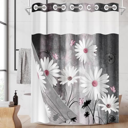 Nesphy No Hook Pink White Daisy Butterfly Shower Curtain with Snap in Fabric Liner Set, Grey Farmhouse Double Layers Waterproof Fabric with See Through Top Window Open Grommet Bath Curtain 71x86 Inch