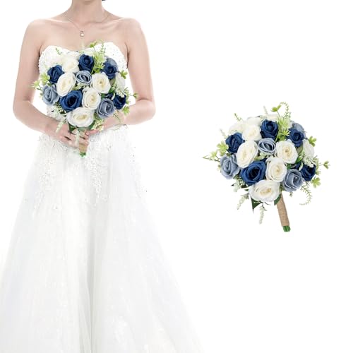 HOMENERGY Bridesmaid Bouquets for Wedding - 7 Inch Artificial Flower Bouquet for Party Ceremony Anniversary Dinning Table Centerpieces Decor -Navy Blue & Dusty Blue & White