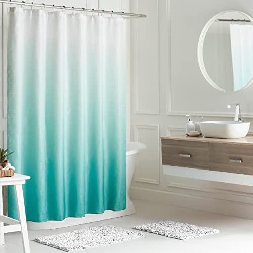 "Creative Home Ideas – Ombre Bathroom Decor Set - 16 Pieces - Includes Shower Curtain, Liner, 2 Chenille Bathmats and 12 Hooks - Curtain Measures 70"" x72"" - White/Turquoise Ombre"