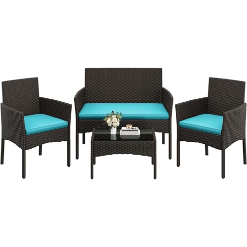 Yaheetech 4 Pieces Outdoor Patio Conversation Set, PE Rattan Wicker Sofa Set with Soft Cushion and Tempered Glass Table for Yard, Poolside, Garden (Brown/Cyan)