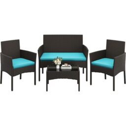 Yaheetech 4 Pieces Outdoor Patio Conversation Set, PE Rattan Wicker Sofa Set with Soft Cushion and Tempered Glass Table for Yard, Poolside, Garden (Brown/Cyan)
