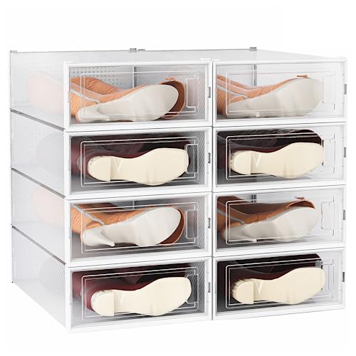 EazeHome Stackable Boot Storage Box, 8 Pack Foldable Boot Boxes, Boot Boxes Clear Plastic Storage Bins Drop Front Boot Organizer, White