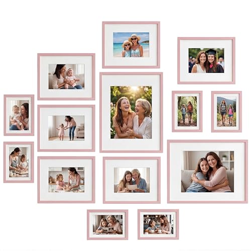 Giftgarden 14 Pack Picture Frames Set with Mats, Assorted Matted Frame for Gallery Wall & Tabletop Photo Frames Collage, Multi Sizes Including 2pcs 11x14, 6pcs 8x10, 6pcs 5x7, Pink