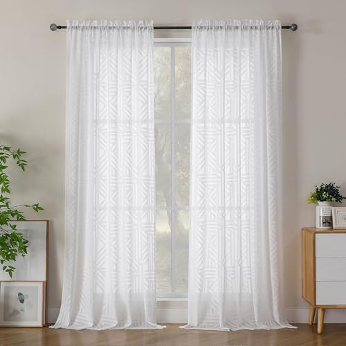Simplebrand Semi Sheer White Curtains 90 Inches Long 2 Panels, Light Filtering Geometric Jacquard Clip Textured Sheer Curtains for Living Roon???Modern Elegant Window Curtains Drapes, 52x90 inch