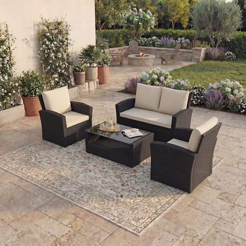 Garden Vida Mylor 4 Seater Rattan Furniture Set - Black - Outdoor Patio Furniture Conservatory Sofa Set - UKFR Certified - Weather Resistant with Cushions