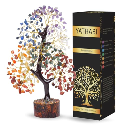 YATHABI Seven Chakra Aura Cleansing Gemstone Tree Ornament Gift Natural Healing Crystal Tree of Love Feng Shui Money Bonsai Home Decor for Wealth and Luck Prosperity Handcrafted (Size 10-12 Inch)