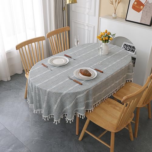 Gernaice Rustic Stripe Embroidered Oval Tablecloth Heavy Tassel Cotton Linen Table Cloth Wrinkle Free Washable Table Cover for Kitchen Dinning Party Holiday Grey 53x70 Inch