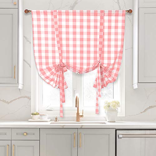 Hiasan Buffalo Check Tie Up Curtains for Small Windows - Rod Pocket Semi Sheer Light Filtering Balloon Kitchen Curtain for Spring, Pink and White, 42 x 63 inch, 1 Panel