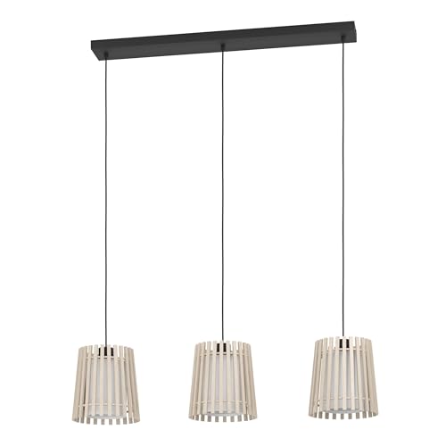 "Eglo Pendant Lighting Fattoria, 3 lamp Ceiling Light Fitting for Dining Room, Hanging lamp Made of Bright Wood, White Fabric and Black Metal, E27 Socket, 35"""