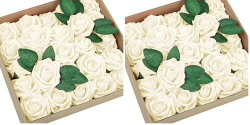 HIYAA Artificial Flowers, 50 Pcs Artificial Roses Fake Flowers with Stems,Foam Flowers Ivory White Roses for Wedding,Party, Home,Anniversaries,Valentines Day Decorations (Pack of 2)