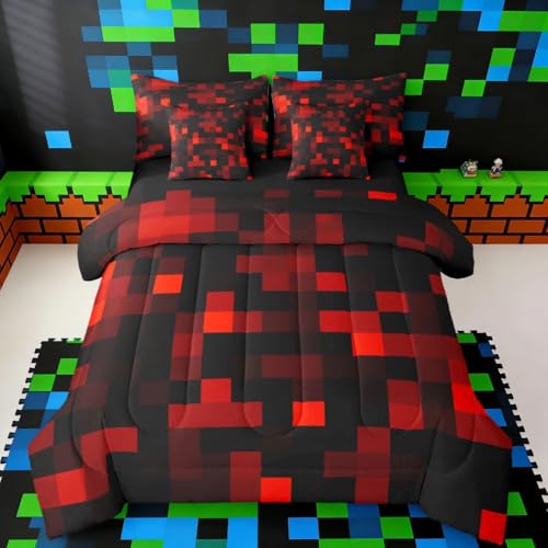 jejeloiu Pixelated Neon Red Black Queen Size Comforter Set with Sheets???Pillowcases & Cushion Cover 7 Piece Bedding Set Super Soft Kids Girls Boys Bedroom Decor Gamepad Grid Bed in a Bag
