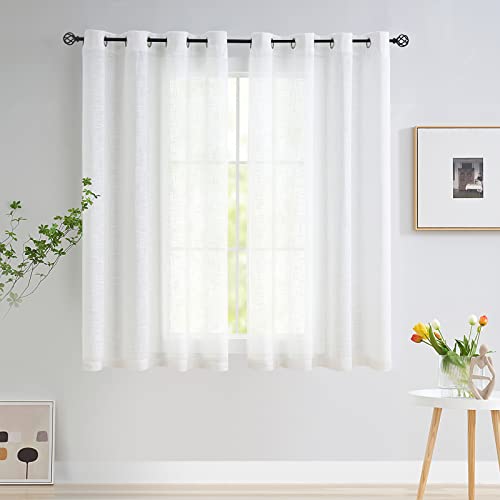 "White Semi Sheer Curtains for Bedroom Living Room Linen Textured Window Treatment Set 63 inch Length Light Filtering Sheer Window Drapes for Kitchen Dining 52"" w x 2 Panels Grommet Top"