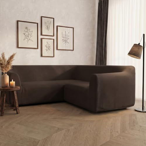 Italian Bed Linen Dahlia Corner Sofa Cover, 92% Polyester + 8% Elastane, Brown
