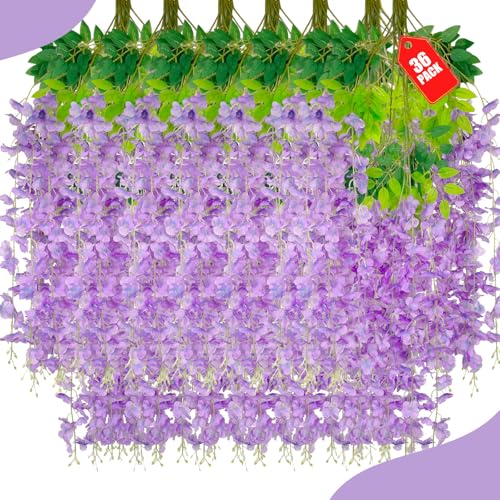 ZEBMOON 36 Pack Light Purple Wisteria Hanging Flowers, 3.44 Ft Fake Hanging Flowers, Artificial Wisteria Garland Vines for Wedding Room Backdrop Outdoor Patio Garden Decoration
