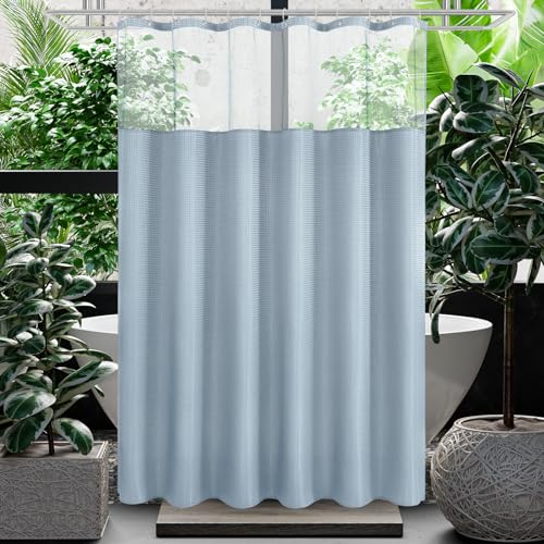 Gibelle Waffle Weave Shower Curtain with Mesh Top Window and Hooks Set, Spa Like Hotel Style Fabric Shower Curtain for Bathroom, Fog Blue, 72x72