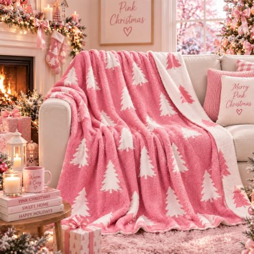 Buryeah Knit Throw Blanket, 50 x 60 Inch Reversible Knitted Throw Blanket, Cozy Soft Lightweight Gift for Couch Sofa Bed(Pink and White,Christmas Tree)