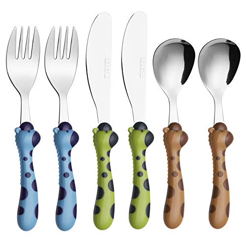 EXZACT Children Cutlery 6 pcs Stainless Steel Kids Giraffe 24M+ - Dishwasher Safe BPA Free Handles Easy Grip Toddlers Everyday Meals Nursery Utensil Flatware Spoons Forks Knives