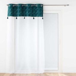 Douceur d'Intérieur, Palmina Net Curtain with Eyelets (140 x 240 cm) Blue Sandblasted Velvet and Pompom Finish