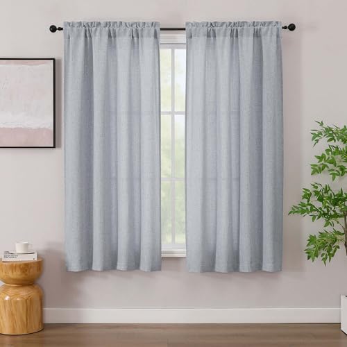 "Simplebrand Grey Linen Curtains 63 Inch Length 2 Panels, Faux Linen Textured Semi Light Filtering Farmhouse Curtains & Drapes, Soft Airy Slub Window Curtains for Living Room Bedroom, Each 42"" Wx63 L"