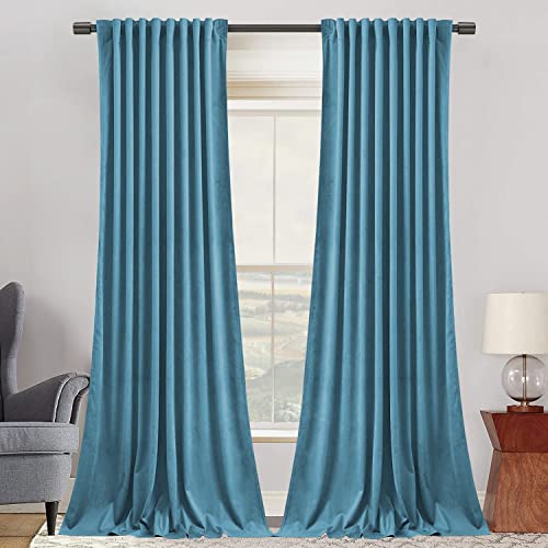 SNITIE Sky Blue 84 in Long Velvet Curtains with Back Tab and Rod Pocket - Soft Privacy Light Filtering Velvet Drapes for Bedroom and Living Room, Set of 2 Panels, 52 x 84 Inches Long