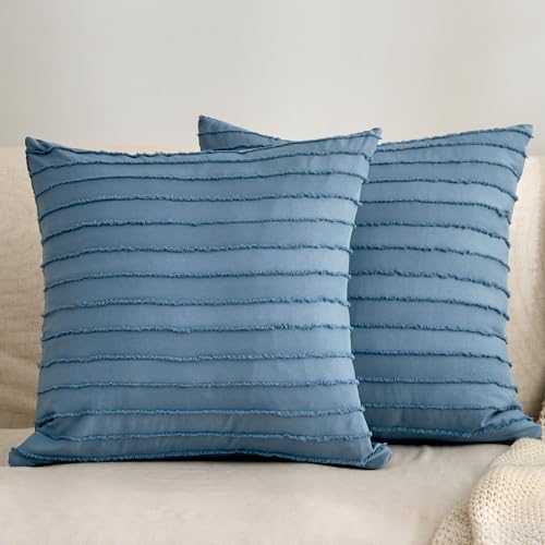 "JELLYMONI Blue Striped Tufted Pillowcases 18""x 18"" - Perfect for Sofa & Bed Layering???Soft Textured Comfort???Decorative Accent Style???Easy Care???Oeko-Tex Certified"