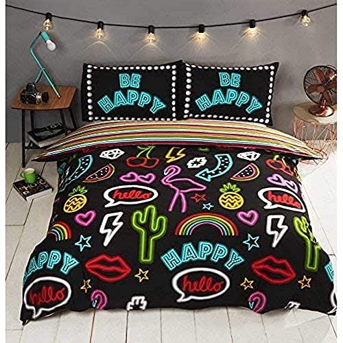 Rapport Double Duvet Cover Set - Black Neon Graffiti Striped Reversible Bedding - Soft Polycotton Blend - 200 x 200 cm Duvet & 2 Pillowcases - Funky Kids Teen Bedroom Decor