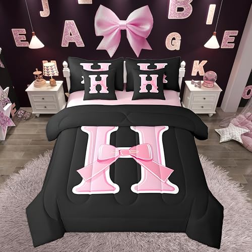 jejeloiu Kids Girls Black Pink Bow Comforter Set with Sheets Queen Size Monogrammed 7 Piece Bedding Set Personalized Initial H Bed in a Bag with Comforter,Sheets,Pillowcases Modern Fashion Bed Set