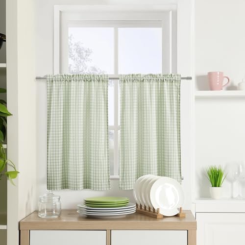 "ZJDECOR Sage Green White Buffalo Plaid Kitchen Curtains 36 Inches Length - Crinkled Not-See-Through Sheer Tier Cafe Curtains,Farmhouse Window Treatment for Living Room,Rod Pocket,26""Wx36???L(Pack of 2)"