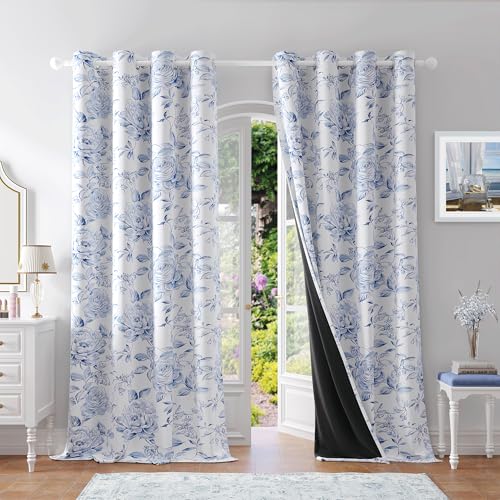 Beauoop Floral 100% Blackout Curtains 90 Inches Long 2 Panels for Bedroom Living Room Navy Blue White Farmhouse Rose Flower Patterned Room Darkening Thermal Grommet Window Treatments Drapes, 50X90
