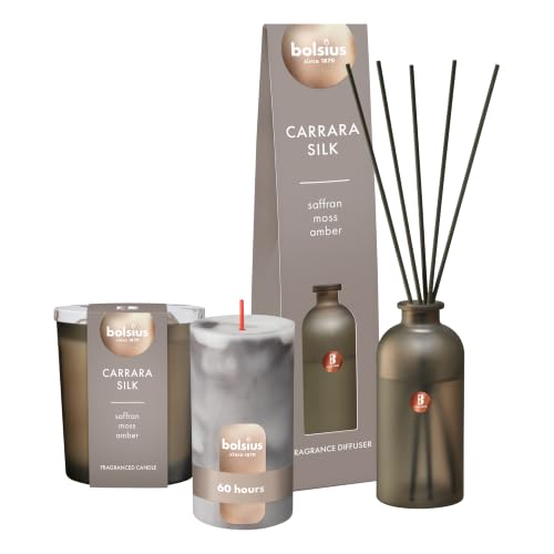 Bolsius - Mixed Set - Carrara Silk - Grey ??? Scented Candle ??? Fragrance Sticks ??? Marble Candle ??? Decoration ??? Palm Oil-Free