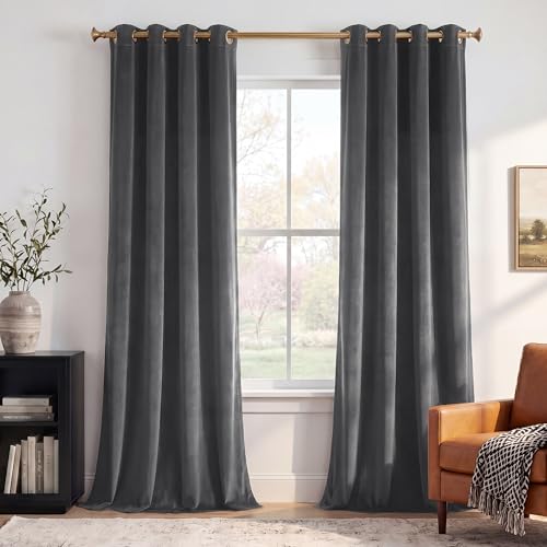 StangH Grey Velvet Curtains for Living Room - 96 inches Long Light Blocking Velvet Curtain Panels Privacy Grommet Window Drapes for Bedroom/Sliding Glass Door, W52 by L96 inches, 2 Panels