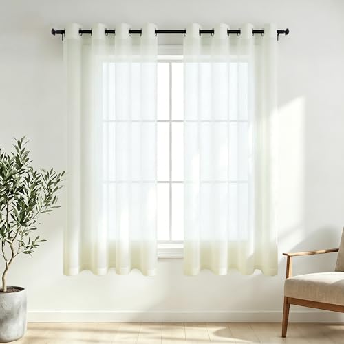 KOUFALL Set of 2 Ivory 45-inch Long Sheer Curtains for Small Windows - Short Eyelet Linen-Look Voile Curtain Panels for Bathroom, Bedroom, Loft, Kitchen, Light Ecru, 52x45 cm (WxL)