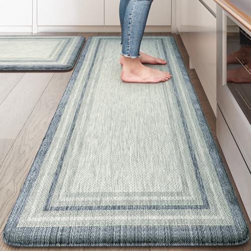 "KIMODE Anti Fatigue Kitchen Mats 2PCS, Non-Slip Waterproof Kitchen Rugs, Cushioned Kitchen Mat for Floor, Comfort Standing Mat for Sink, Laundry, Office, Desk Blue and Grey 20""x47""+20""x32"""