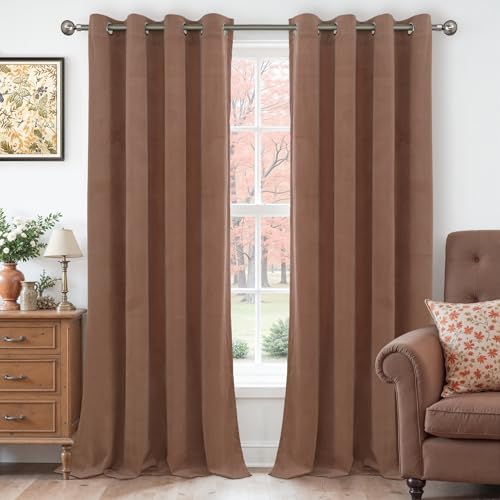 YoungsTex 80 Inches Long Velvet Curtains for Living Room 2 Panels, Thermal Insulated Blackout Window Drapes with Grommet Privacy Fall Decor for Dining Bedroom, Mocha, 52 X 80 Inch