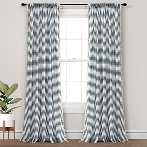 "Lush Decor Boho Coastal Horizontal Ticking Stripe Tassel Window Curtain Panel Pair, 52"" W x 84"" L, Blue"