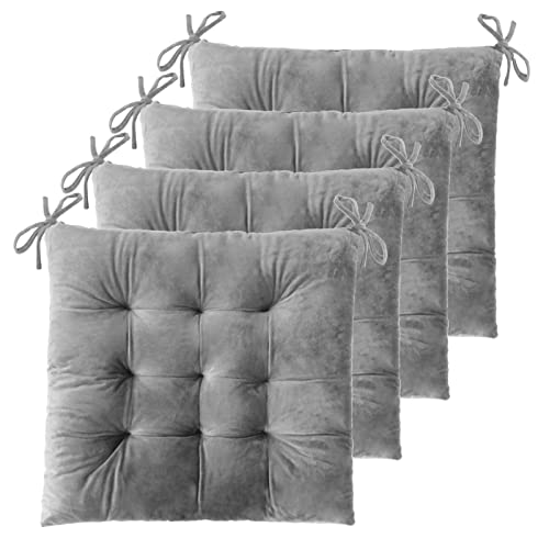 "ELFJOY Set of 4 Solid Square 16"" x 16"" Tufted Chair Pads Indoor Seat Cushions Pillows with Ties (Grey)"