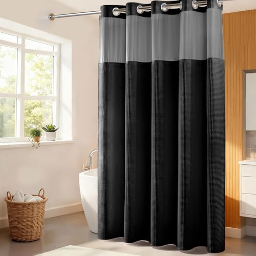 River Dream Cotton Blend Fabric Shower Curtain Set with Liner, Black, 71x86 - Waffle Weave, No Hook Needed, with Snap in Replacement Liner, Top Sheer Window, Hotel Quality for Bathroom, Extra Long