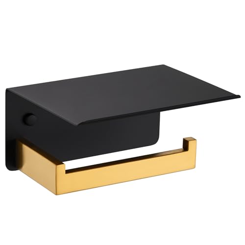 Angle Simple Toilet Paper Holder with Shelf, Black and Gold - SUS304 Stainless Steel Bathroom Tissue Roll Holder for Wall, Fit Most Rolls, Top Shelf for Storing Wet Wipe, Screw Wall Mount