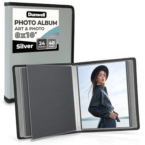 Dunwell Art Portfolio Folder for 8x10 Photos - (Silver), Soft Cover Album with 24 Bound Pages, Displays 48 Photos or Artwork, Presentation Binder with 8 x 10 Sheet Protectors, Archival Quality Poly