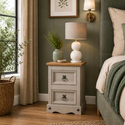 Corona Grey Bedside Table 2 Drawer Side End Pine Wood Painted Mexican Style