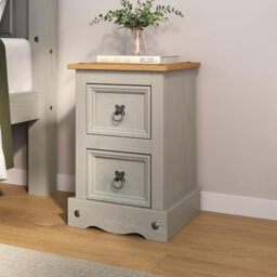 Corona Bedside Table 2 Drawer Pine Wood Grey Painted Mexican Style with Gunmetal Finish Hardware
