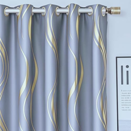 MYRU 1 Pair Grey Blackout Curtains for Bedroom, Luxury Striped Curtains for Living Room(Bluish Grey and Gold, 2 Panels 54 x 102 Inch)