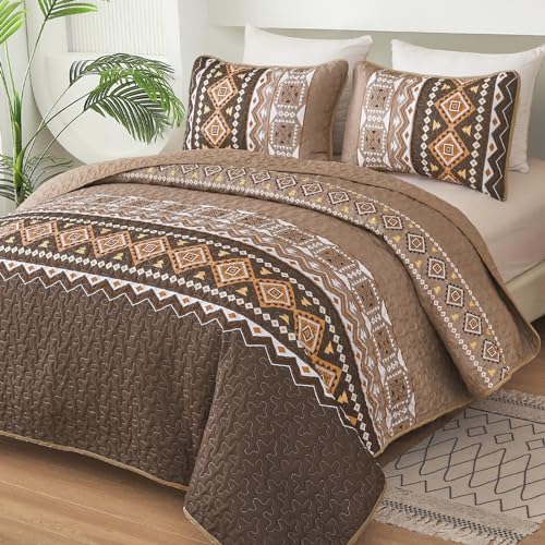 "WONGS BEDDING Boho Quilt Set Queen Size,3 Pieces Brown Geometry Printed Bedspread Coverlet Set,Lightweight Microfiber Bedding Set with 2 Pillowcases,96""??90"""