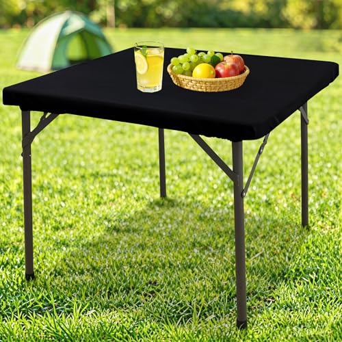 "Homing Square Table Cloth Cover, Waterproof Polyester Elastic Fitted Tablecloth, Washable Table Protector for Picnic, Camping, Outdoor (Black, 34"" x 34"")"