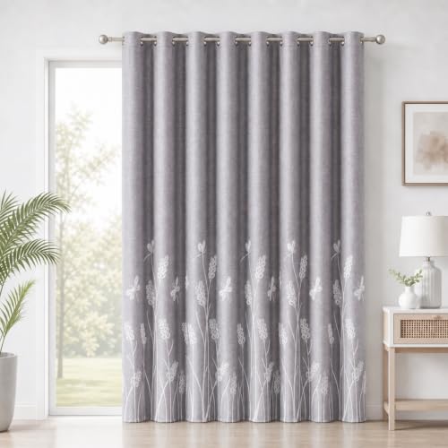 Melodieux Wheat Embroidery Faux Linen Blackout Wide Curtains for Living Room Patio Door Large Window Grommet Drape, White Wheat, 100 by 84 Inch (1 Panel)