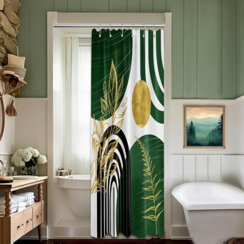 QGHOT Olive Green and Gold Shower Curtain Boho Mid Century Modern Hunter Green Shower Curtains for Bathroom Decor Sets, Waterproof Cloth Fabric with Hooks 36x72in