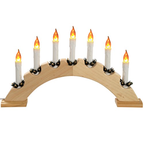 WeRChristmas 48 cm PreLit Wooden Flickering Candle Bridge Arch Window Table Christmas Decoration with 7 Candles, Natural Pine