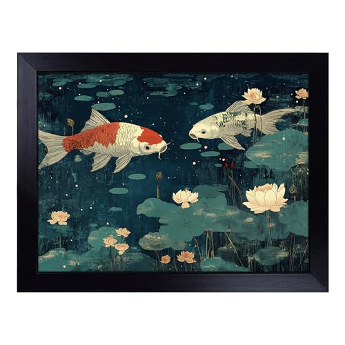 Lap Tray with Bean Bag Cushion, Koi Fish Pond - Handmade in the UK, Raised Wooden Edge, Padded Cushion, Heat-Resistant Wipe-Clean Surface, for Meals, Laptops and Crafts
